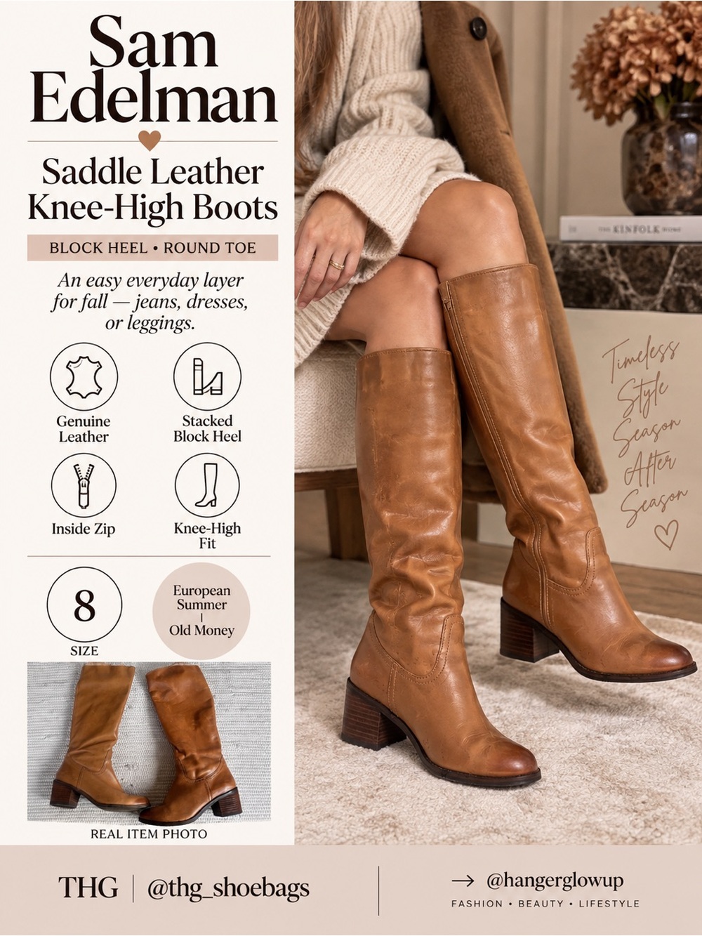 Sam Edelman Saddle Leather Knee High Boots Block Heel Size 8